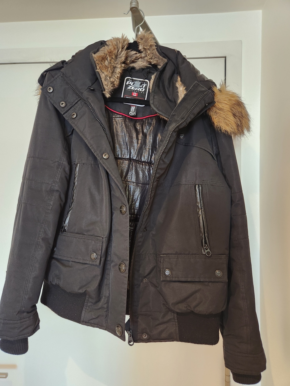 Point Zero Women’s Black Puffer Jacket with Brown Faux-Fur Trim Hood